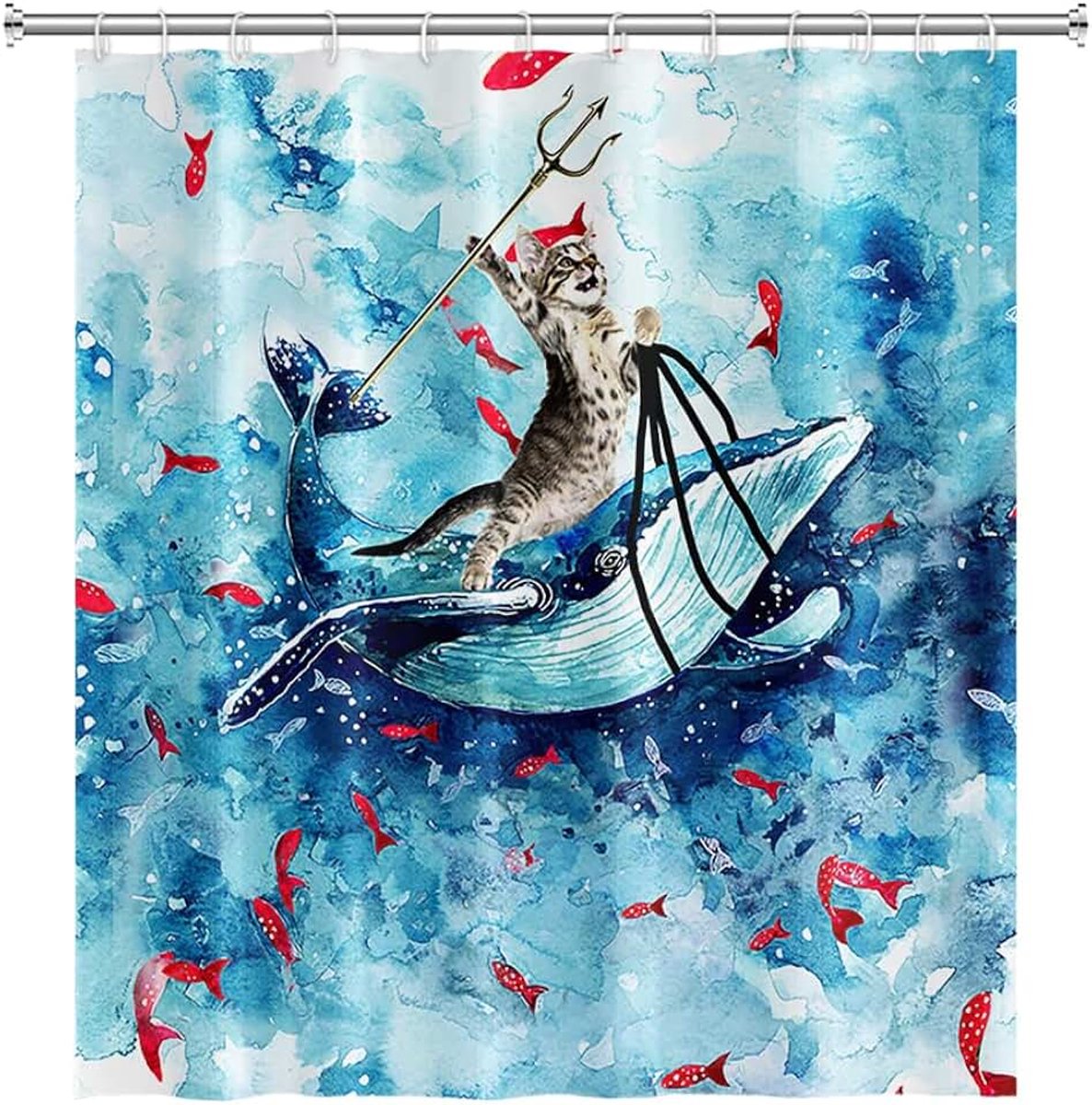 122x183cm Komisch Katten Douchegordijn Leuk Kat Paardrijden Wal Oceaan Golf Badgordijn Cartoon Rood Vissen Blauw Badgordijn Stof Waterdicht voor Badkamer Douchegordijn met Haken