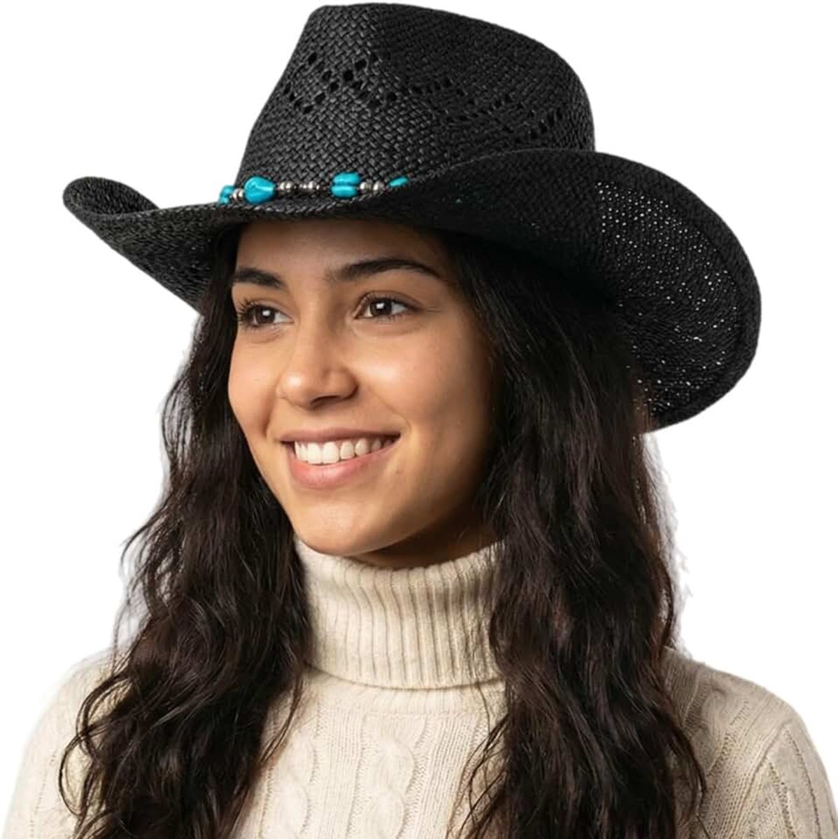 Cowboyhoed van stro voor dames, westerncowgirl-hoed, cowgirl-hoed met parels en vormbare rand