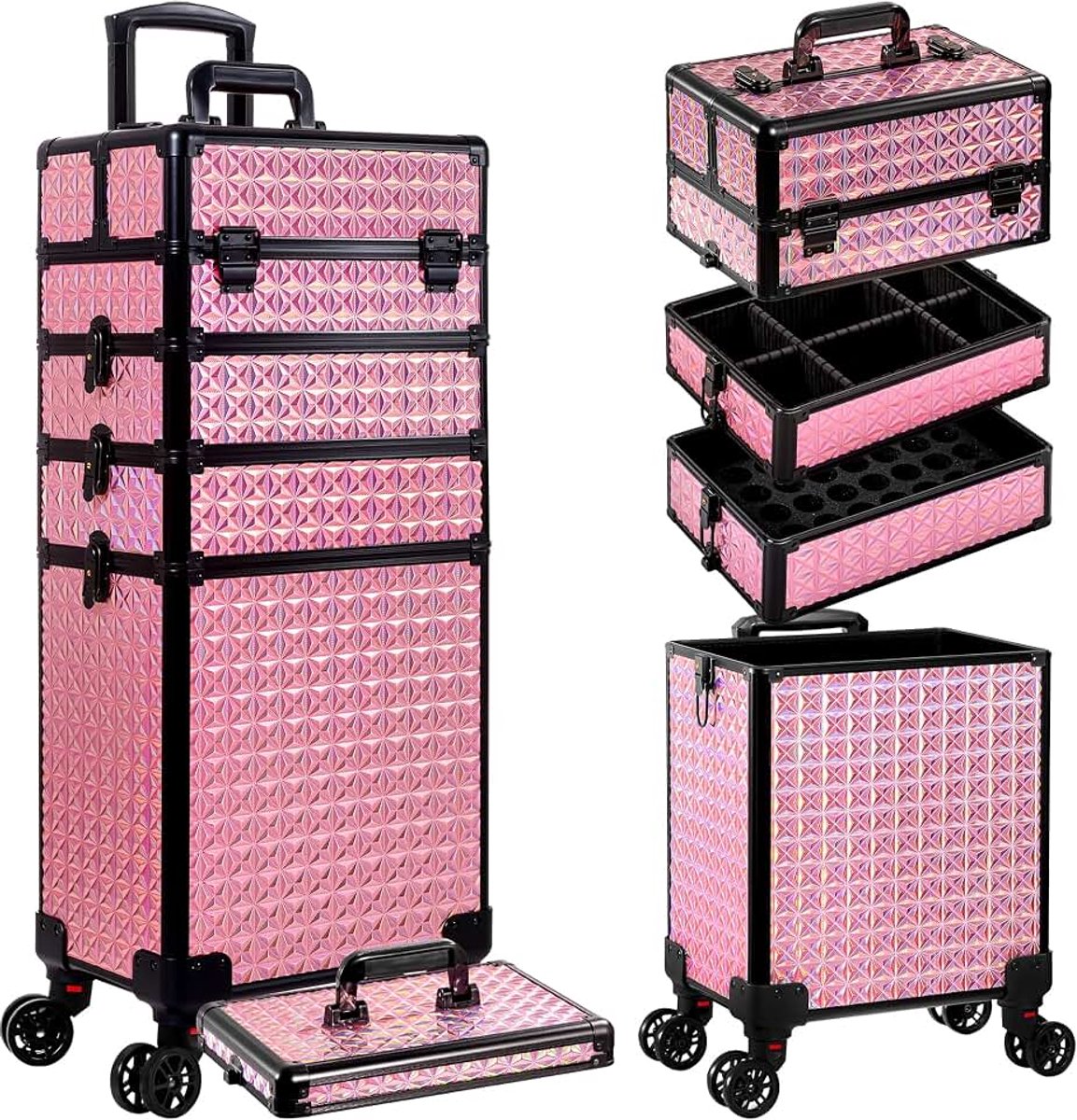 5-in-1 professionele make-up trein koffer aluminium cosmetische koffer rollende make-up koffer extra grote trolley make-up reisorganisator, met 360 ° draaibare wielen, roze..