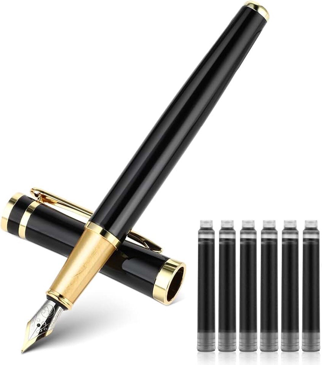 Luxe metalen vulpenset, 0,5 mm fijne penpunt vulpen met 6 2,6 mm zwarte inktcartridges gladde schrijfpen cadeau voor zakelijke kantoor journaling mannen vrouwen