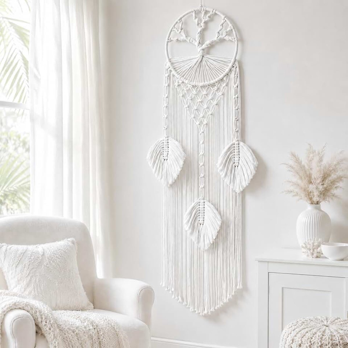 Dromenvanger, levensboom, macramé, wanddecoratie, beige, boho-stijl, dromenvanger voor woonkamer, slaapkamer, hal, handgemaakt, geweven decoratie voor thuis