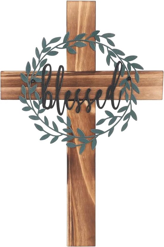 Houten wandkruis, 40 x 26 cm, houten kruis, kruis met metalen bladeren en het opschrift "Blessed", Jezus Christus, katholiek kruis, wanddecoratie, voor Kerstmis, Pasen, kerk, doop