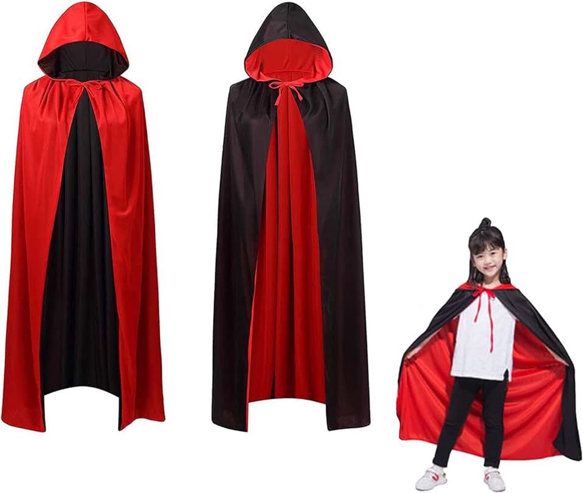 Vampiercape voor kinderen, voor jongens en meisjes, Halloween, vampiercape met capuchon, zwart-rode cape met capuchon, cosplay voor Halloween-kostuum (90 cm)