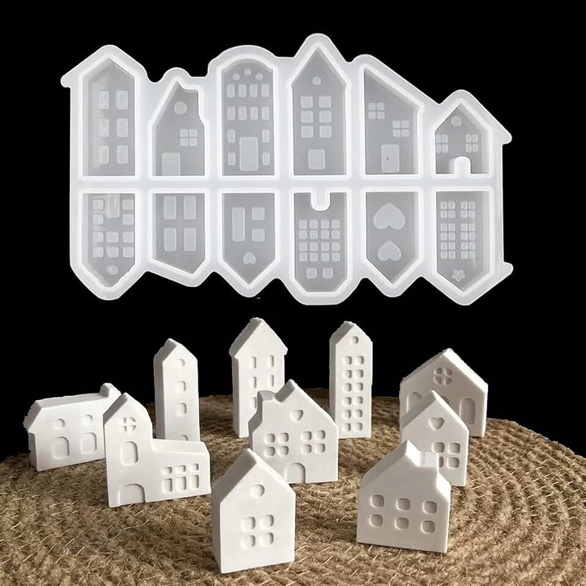 Gietvormen, siliconen kaarsvorm 3D, om te gieten met giethars, was, siliconen mallen voor Valentijnsdag, Halloween, Kerstmis, Thanksgiving, Pasen (huizen / 12 stuks)