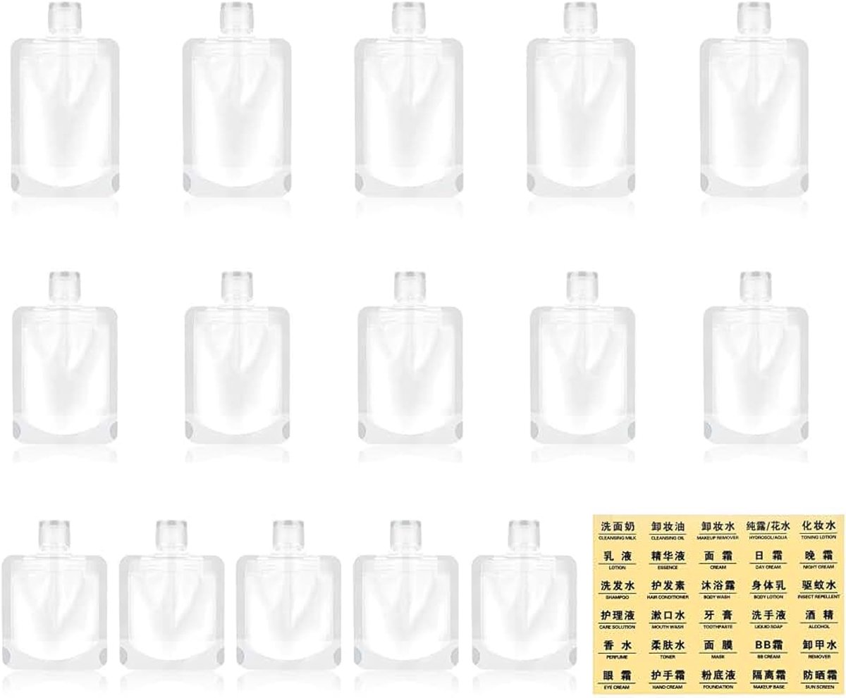 15 stuks 30/50/100 ml reisflessen voor toiletartikelen, lekvrije doorzichtige vloeibare zakjes, herbruikbare reiszakken met etiketten, navulbare cosmetische containerkits voor