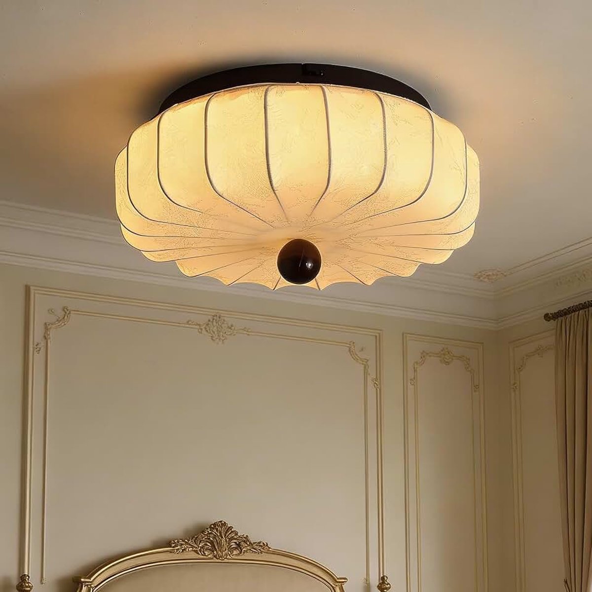 Plafondlamp, rond, wit, stoffen lampenkap, diameter 40 cm, bedrukt, boho beige, plafondlamp voor slaapkamer, dimbaar, met afstandsbediening voor keuken, woonkamer, hal.
