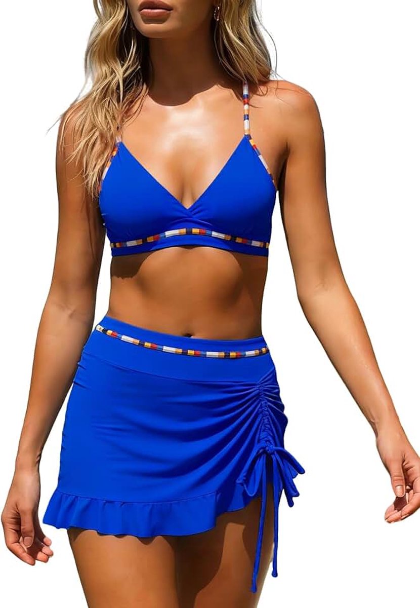 Bikini badpak set sexy V-hals badmode | hoge taille kleurblok tweedelig trekkoord badpakken bikinis voor vrouwen