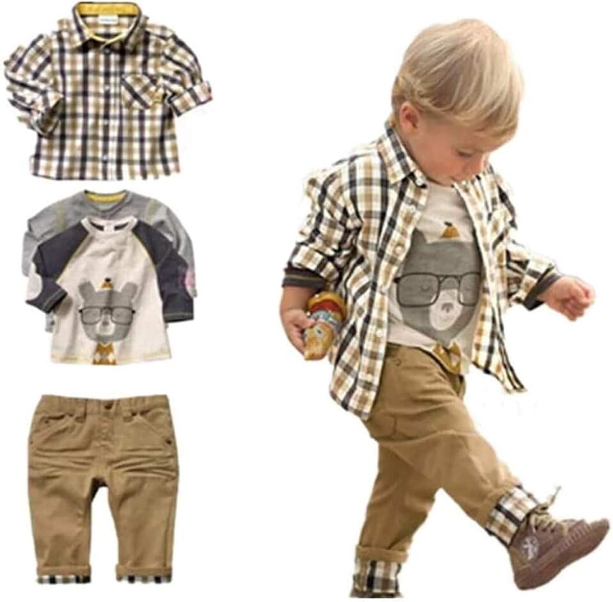 Casual 3-delige set voor peuters, jongens (T-shirt + geruit overhemd + kaki broek)