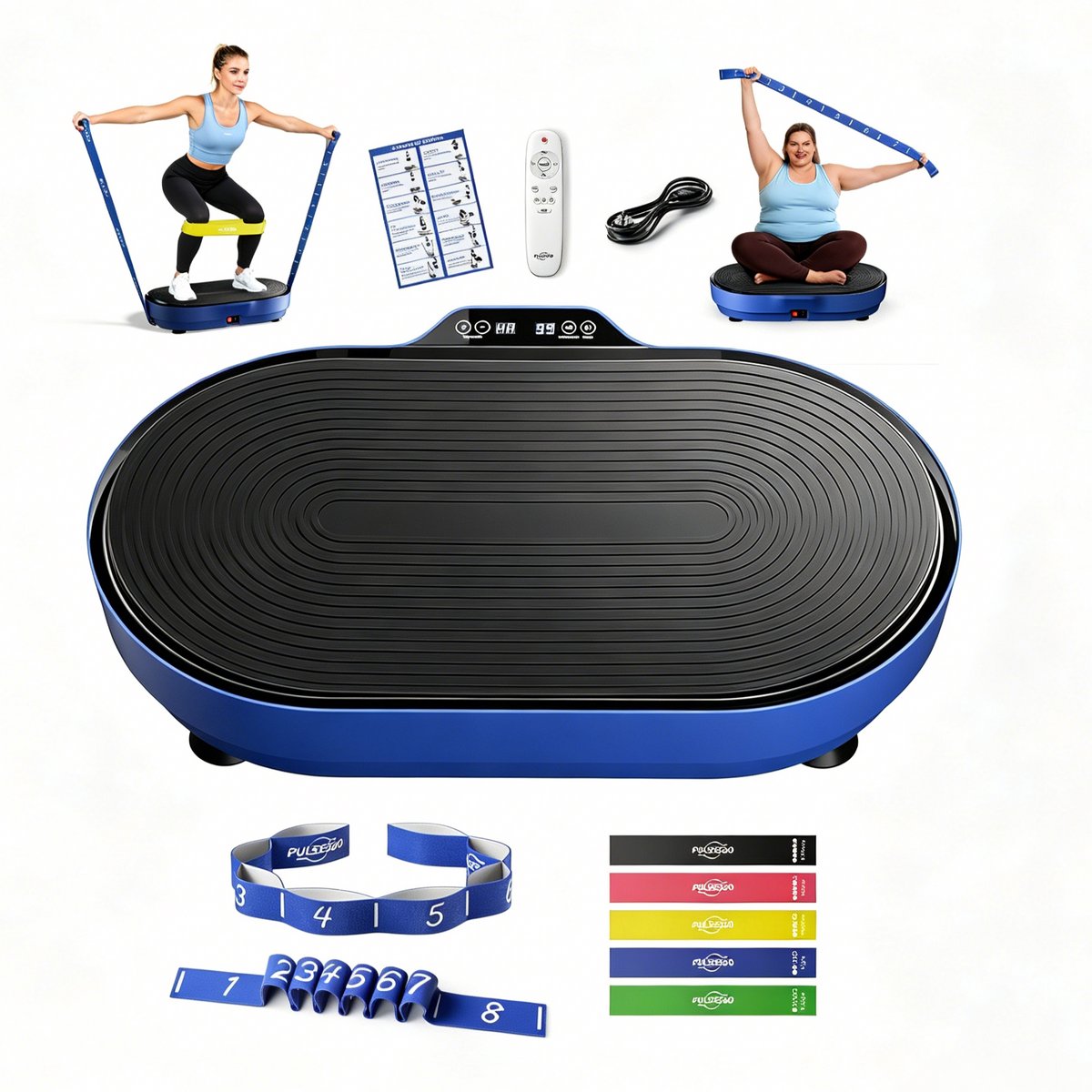 PULSE360 Fitness Trilplaat Thuis - Plaque Vibrante - 9 Programma's & 120 Snelheidsniveaus - Yoga Elastieken Banden - Max 200kg - Thuis Fitness - Blauw
