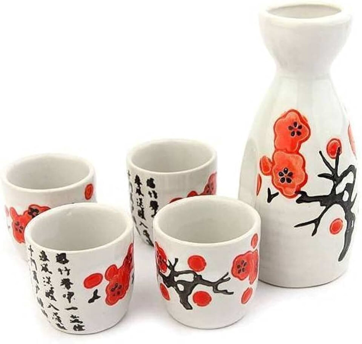 Lachineuse - Kersenbloesem Sake Set - Met 4 Kommen & Karaf - Japanse Sake Glazen - Cadeau Chinees Aziatisch Servies - Traditioneel Porselein Japanse Bloemen Sake Service - Wit & Rood