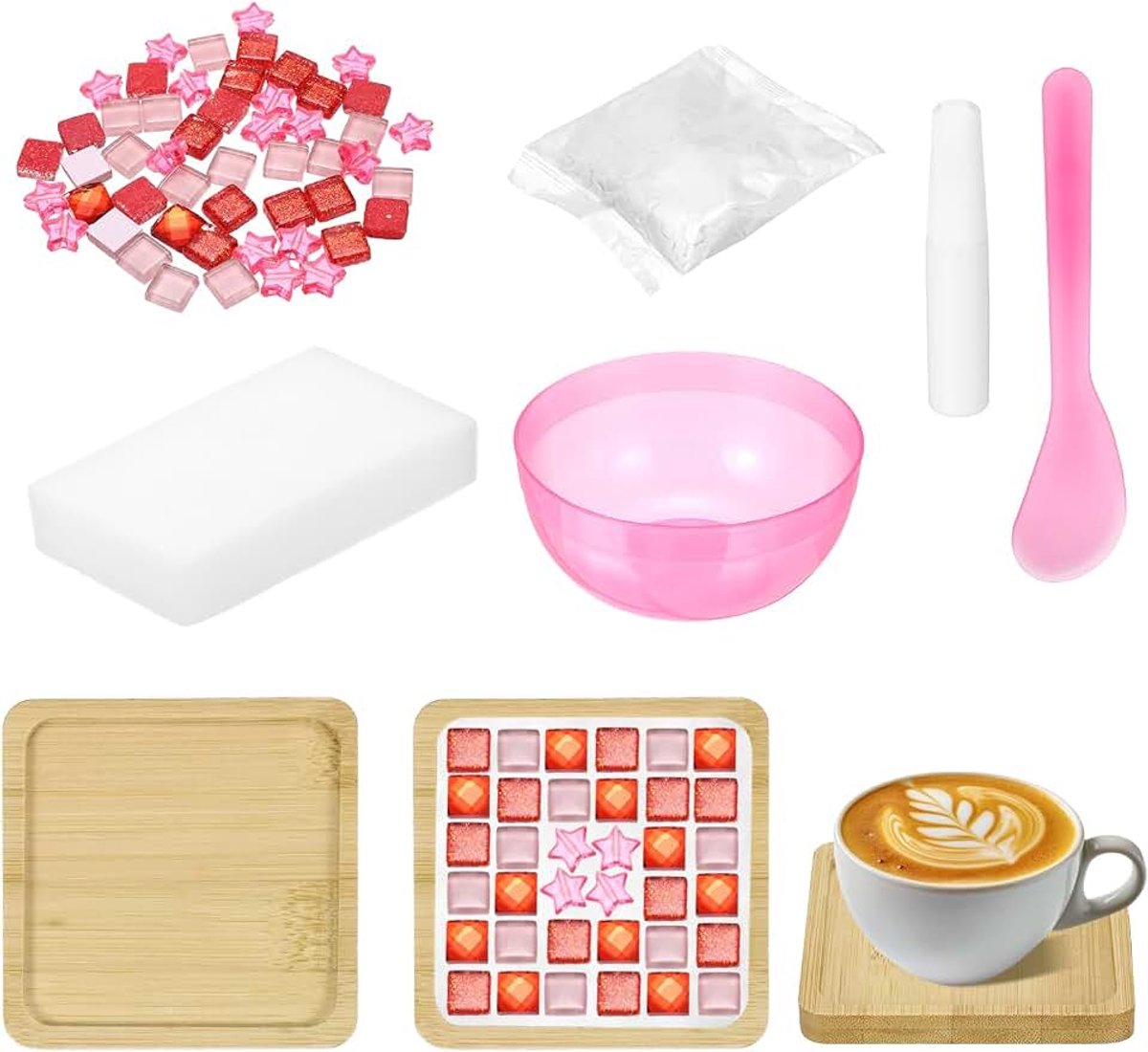 Mozaïek knutselset onderzetters decoratieve vierkante houten onderzetters mozaïek set 90 x 90 x 10 mm voor kaarsenbord knutselset voor volwassenen DIY mozaïek stijl 28