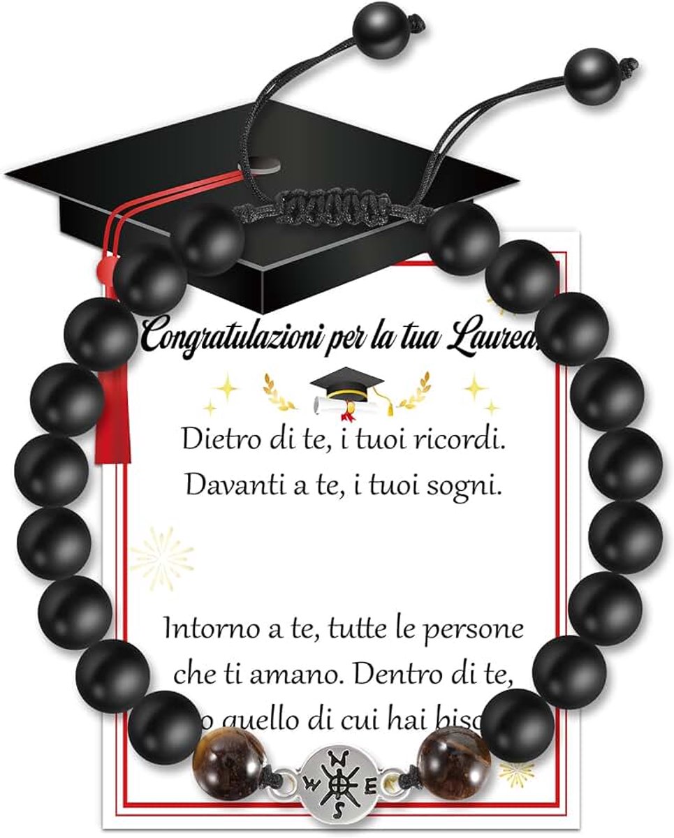 Cadeau Mannen 2025 Parel Armband Kompas Natuursteen Kaart Italiaanse Wenskaart Afstuderen Cadeau Verjaardag Kerstmis