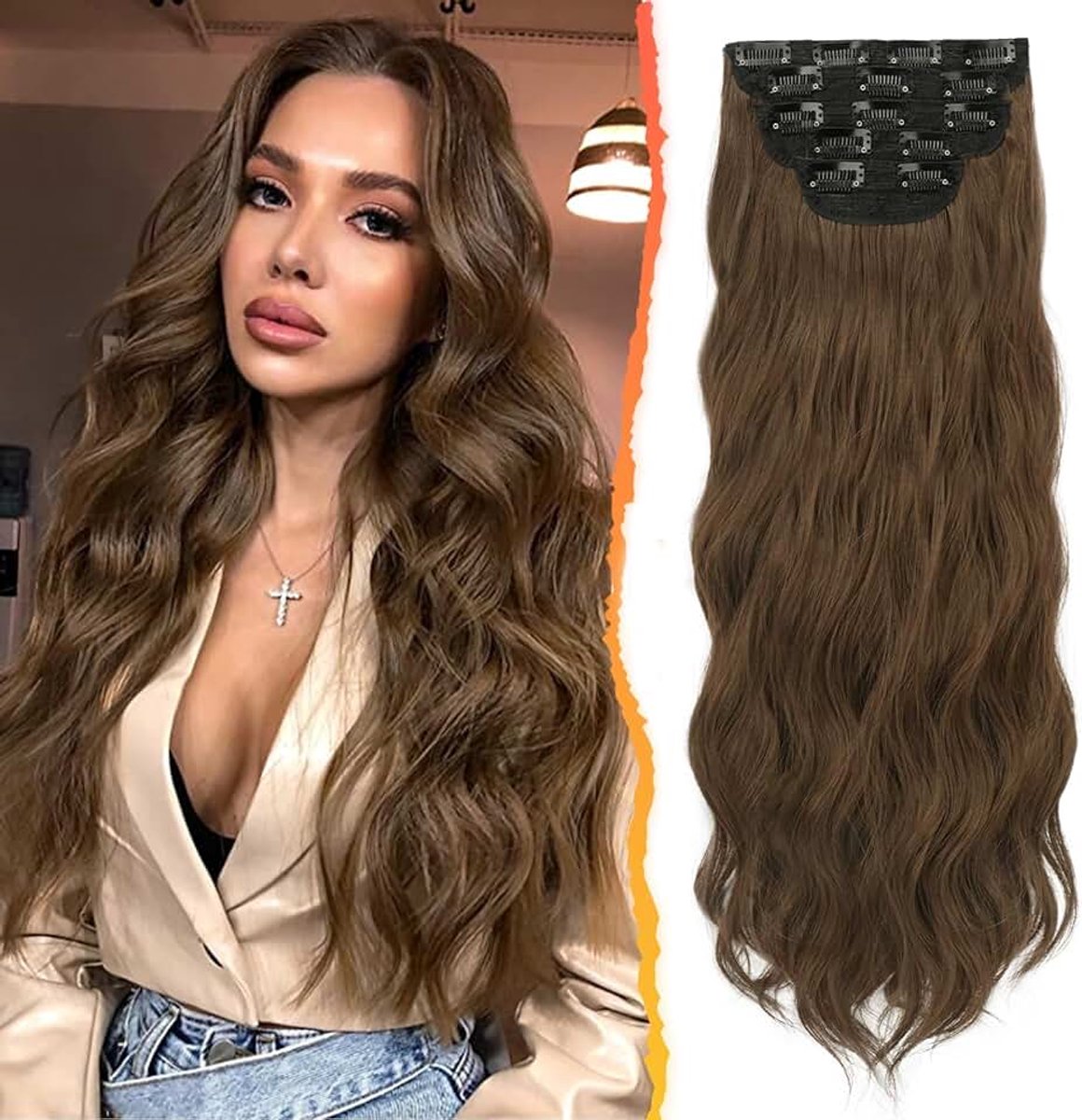 Clip in Hair Extensions, 50cm Lange Golvende Bruin Haarextensions, Dik Volledige Hoofd Synthetische Haarstukjes voor Vrouwen Dagelijks Party (Gouden Kastanje Bruin)