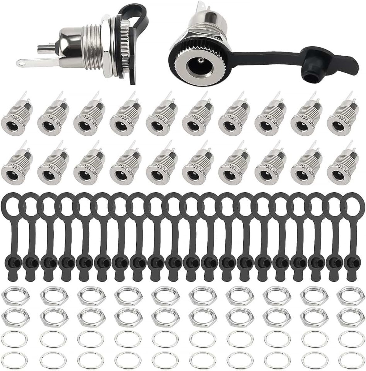 20 Stuks 5.5 x 2.1mm DC Power Jack Socket Kit, DC-099 Socket, DC Female Paneelmontage Connector soldeer, met waterdichte doppen, voor Audio Video Telefoon