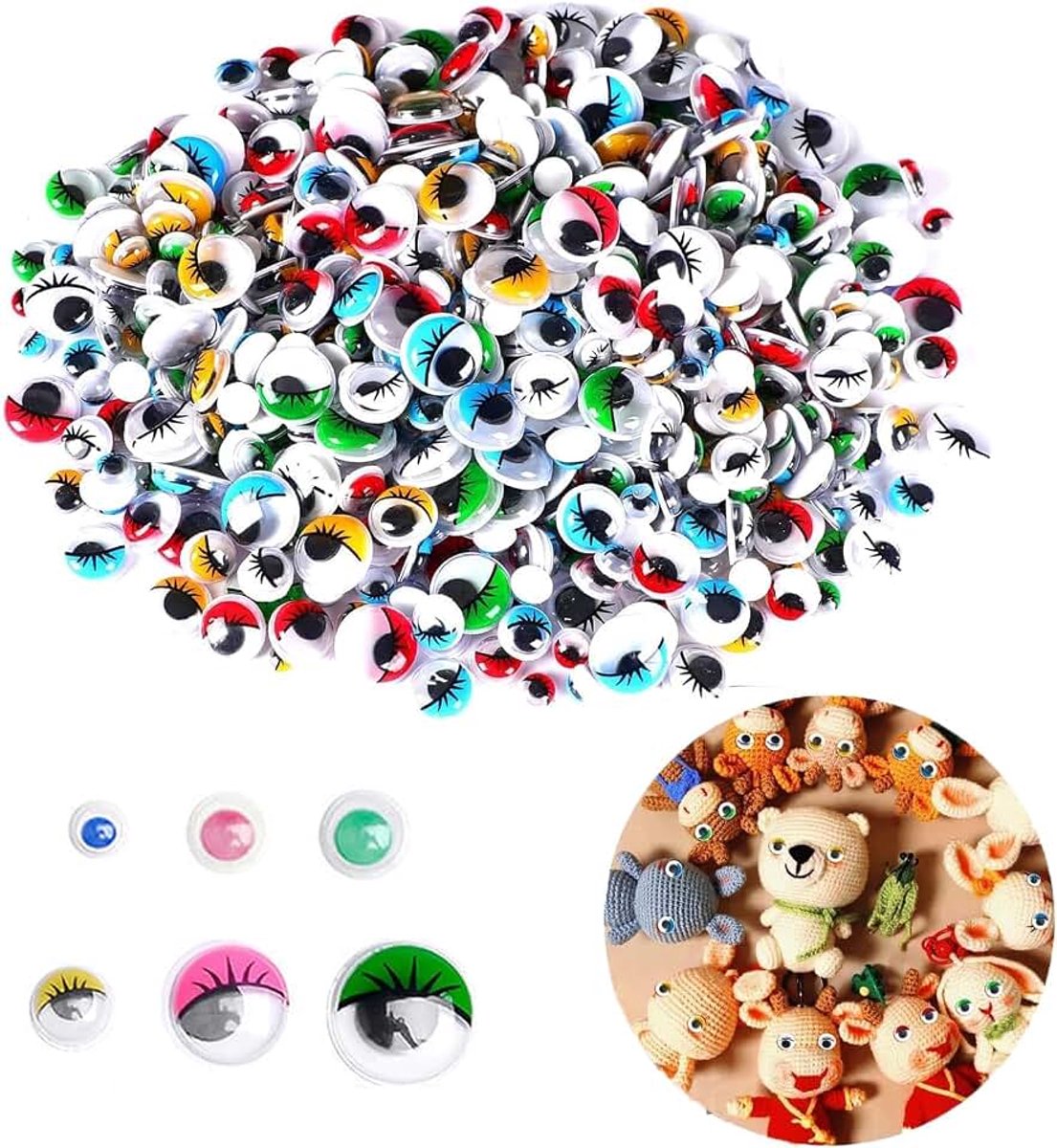 Ogen, zelfklevend, grote wiebelogen, 100 stuks, kleurrijk, voor doe-het-zelf, haakdieren, pluche dieren, poppen, 3D-plastic ogen (8 mm/10 mm/12 mm/15 mm)