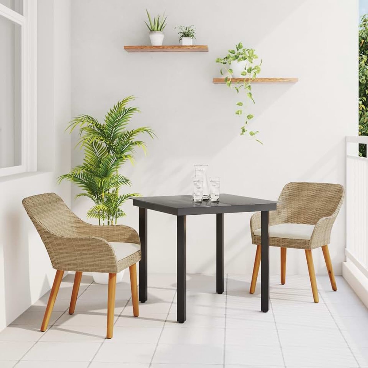 Eetgroep outdoor zitgroep, 3-delige tuin-eetset, beige polyrotan voor terras, balkon, restaurant