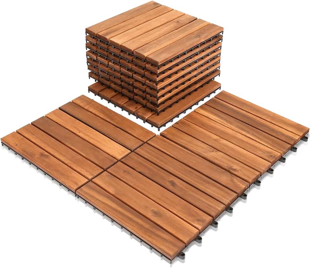 Houten tegels van acaciahout, 6 latten, 30 x 30 cm, 3 m², balkontegels voor balkon, tuin en terras, eenvoudig, snel en praktisch te leggen