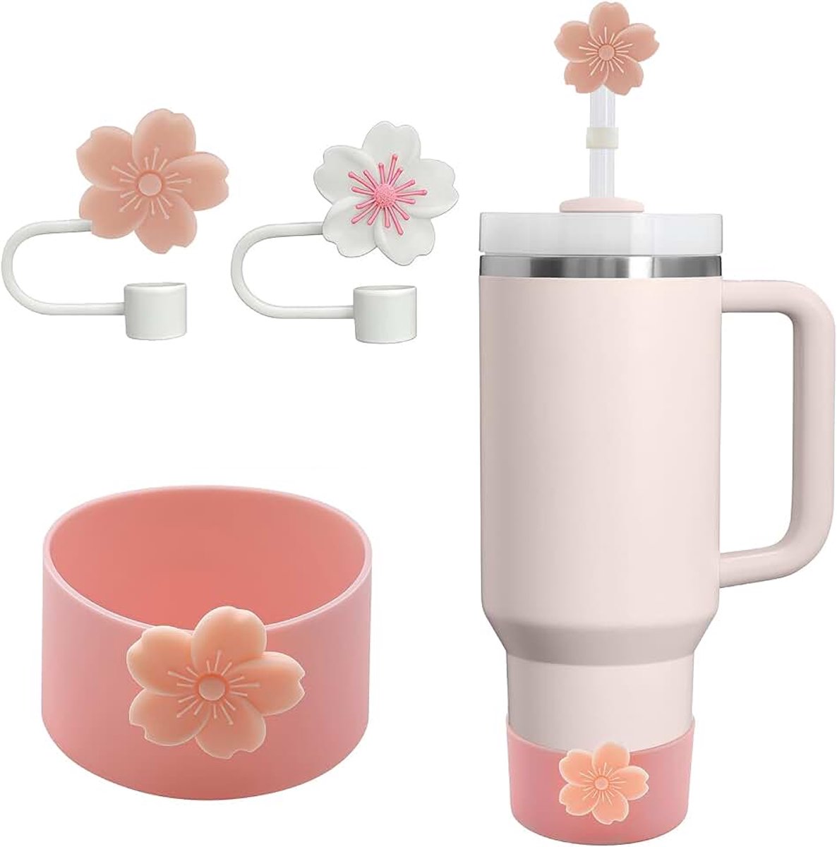 3er-Set Schutz-Zubehör Passend voor Stanley Cup, 10mm Stofdichte Siliconen Rietjesafdekking + Antislip Bodembescherming, Voor 30oz/40oz Beker, Roze/Wit Design