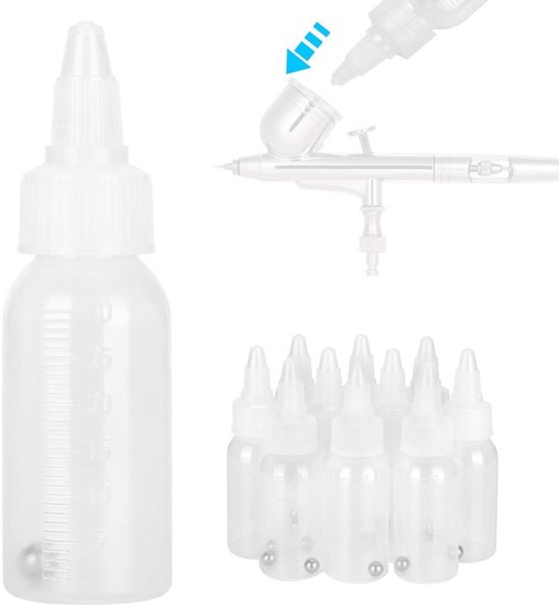 Airbrush Flessen 30ml - Set van 10 - Opslagflessen - Schaal voor Nauwkeurig Vullen - Duurzaam PP Materiaal - Multi-purpose Gebruik - Verfflessen