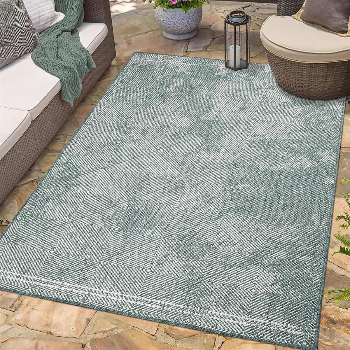 Carpet city Outdoor tapijt, weerbestendig, 200 x 290 cm, groen, omkeerbaar tapijt, dubbelzijdig gemêleerd ruitpatroon, balkontapijt, waterdicht, voor buiten, terrastapijt