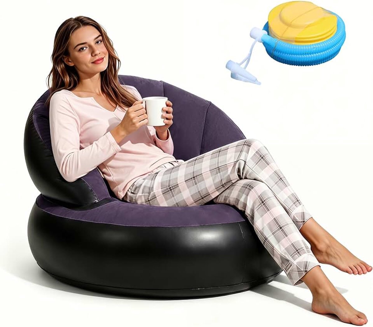 Opblaasbare bank met voetpomp, luchtbank, 77×77×58 cm opblaasbare bank met fleece, opblaasbare stoel voor woonkamer, balkon, tuin, camping, buiten en binnen, opblaasbare bank (donkerblauw)