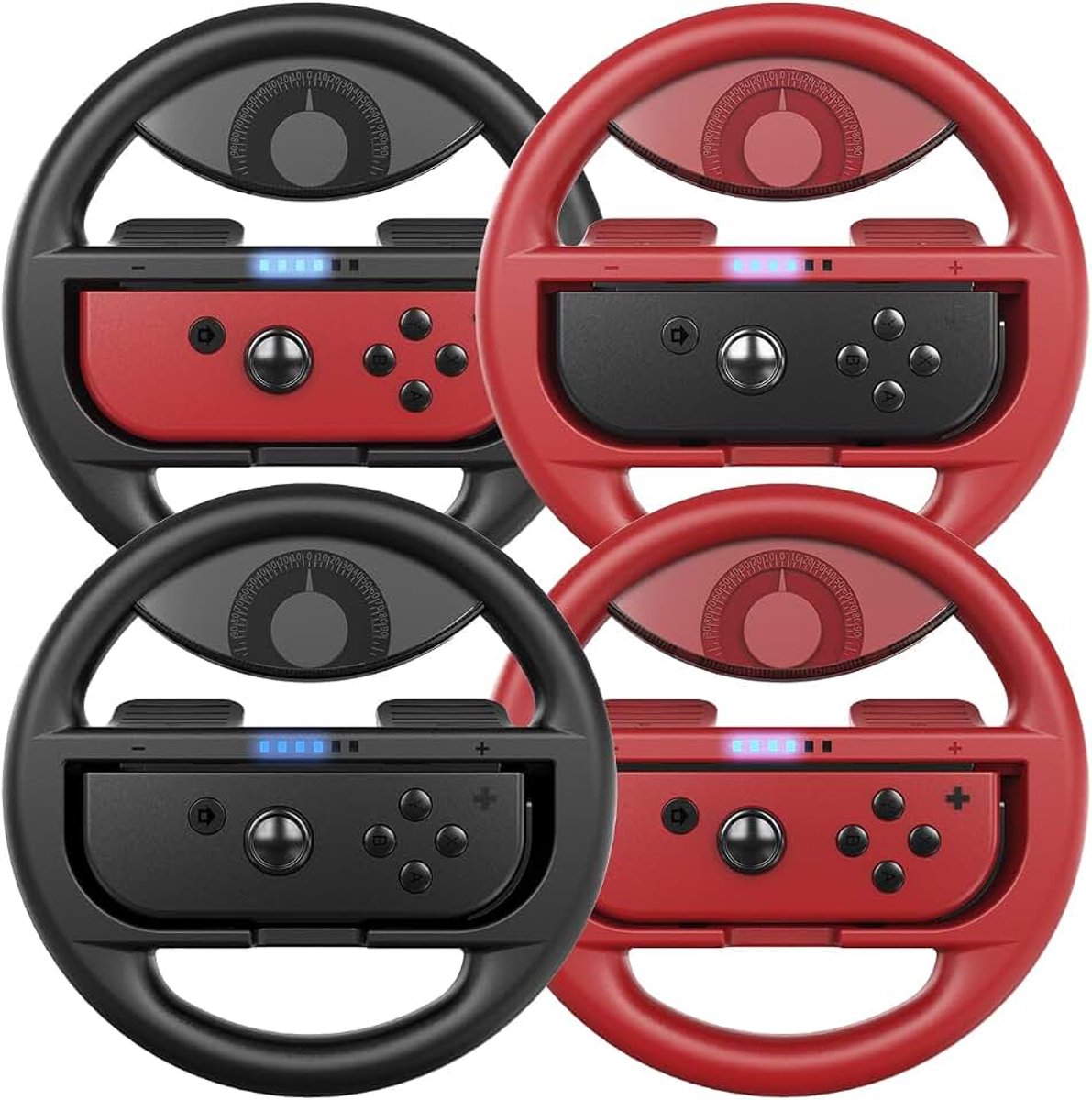Stuurwiel voor Switch, Stuurset Compatibel met Mario Kart / Nintendo Switch Joy Con Controleur, Zwart / Rood (Luxe 4 Pakken)
