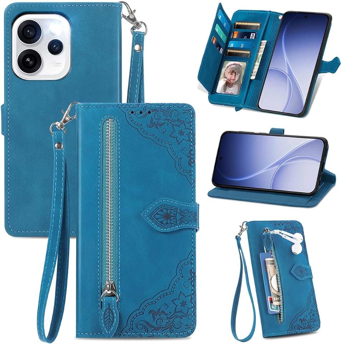 Flip Hoesje Compatibel met OPPO Reno 15 Pro 5G / Reno15 Pro 5G, PU Leren Rits Portemonnee Hoesje Flip Telefoonhoesje met TPU Shell, Kaarthouder Multifunctioneel Hoesje. Blue