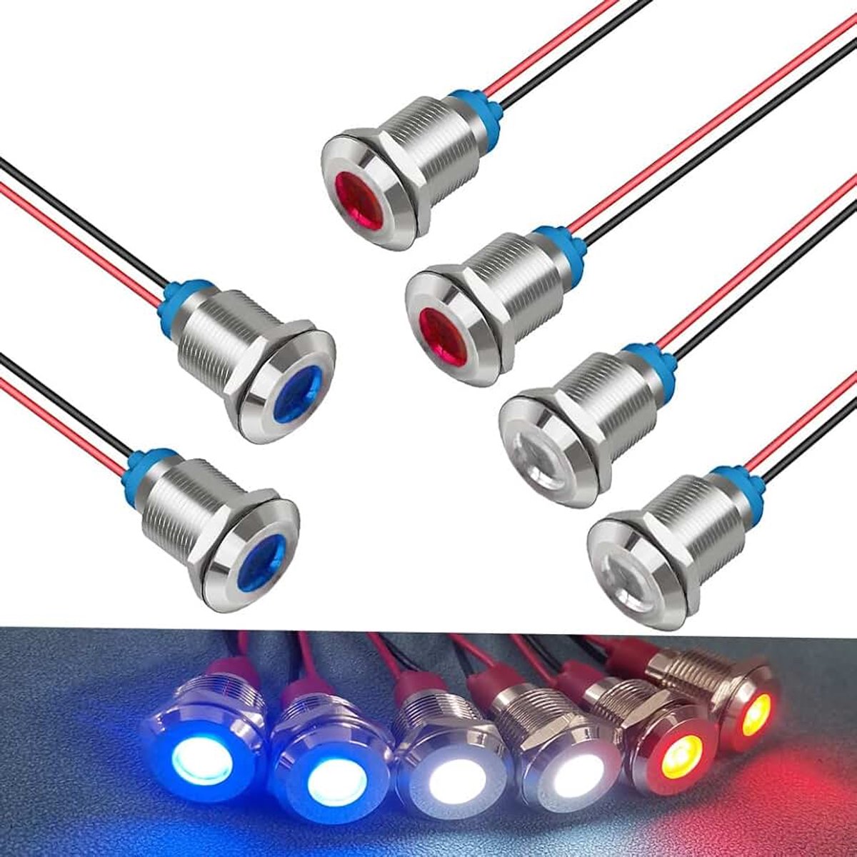 6 stuks LED-paneel Pilot Dash Waarschuwingslampje Indicator 12V-24V 12mm Lamp Pilot Dash Lampen Directioneel (Rood/Blauw/Wit)