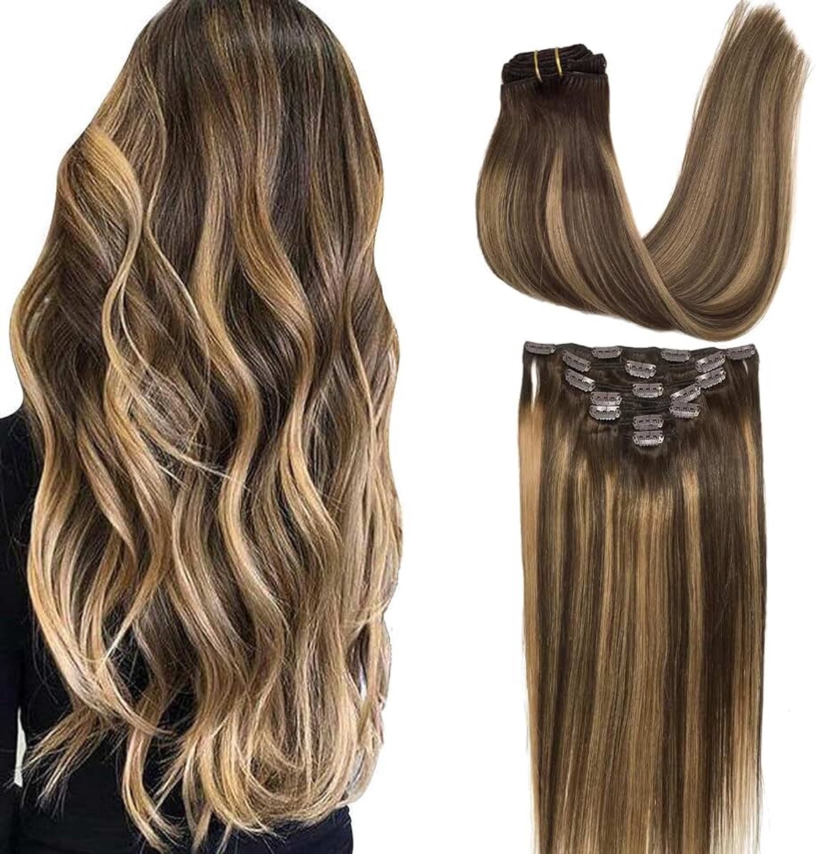 Clip in Human Hair Extensions 14 inch 120 g 7 stuks, Hair Extensions Clip in, 4/27/4 Chocoladebruin tot Caramel Blonde