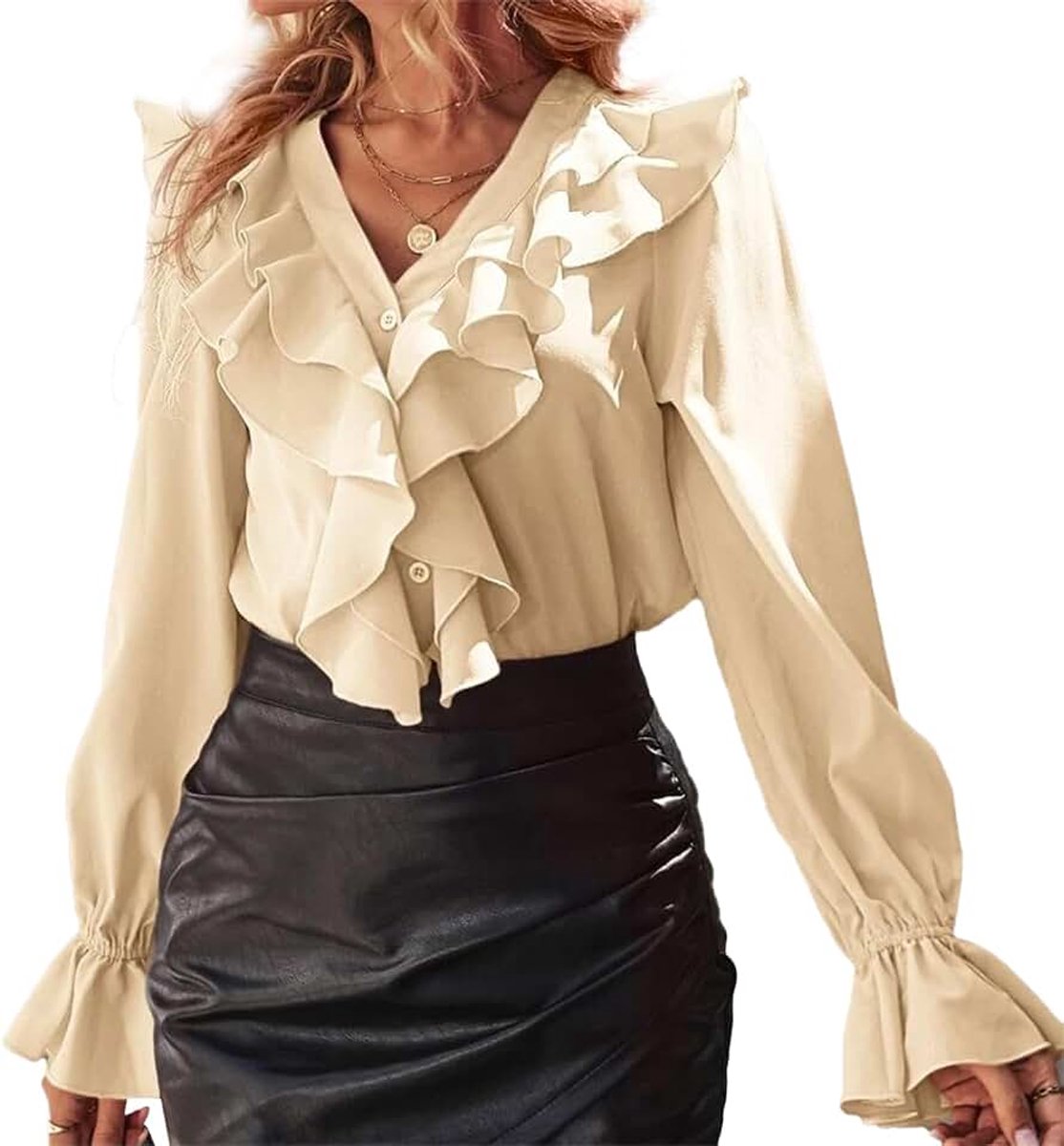 Lange mouwen V-hals bovenstuk, lange mouwen ruches blouse, knoopsluiting top blouse, casual hals shirts top herfst winter los hemd, Ahlisudy/roze/zwart/wit
