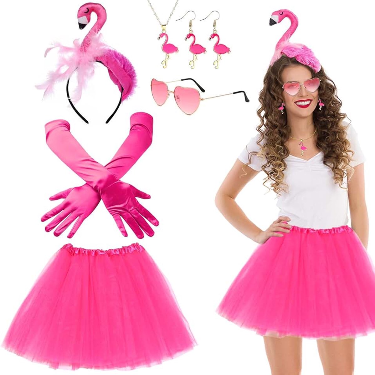 Flamingokostuum voor volwassenen, flamingokostuum, carnaval, dames, kostuum, jaren 80, accessoires, flamingo-kostuum, set, haarband, flamingo, rokken, tutu, bril, liefde, voor feest, Halloween