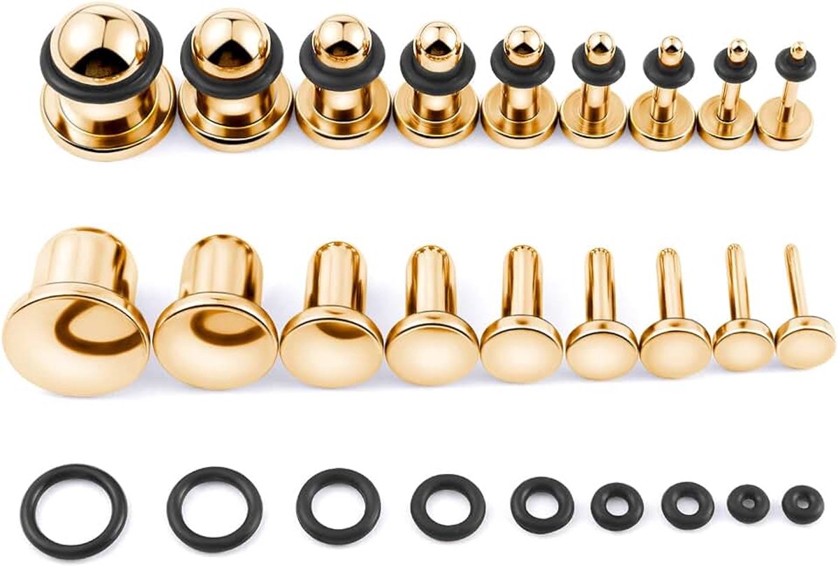 9 paar piercings oorplugs stretching kit van roestvrij staal punk stretchstaafjes oorsieraden oor tunnel enkele flare gauges met O-ringen 14G - 00G voor dames heren