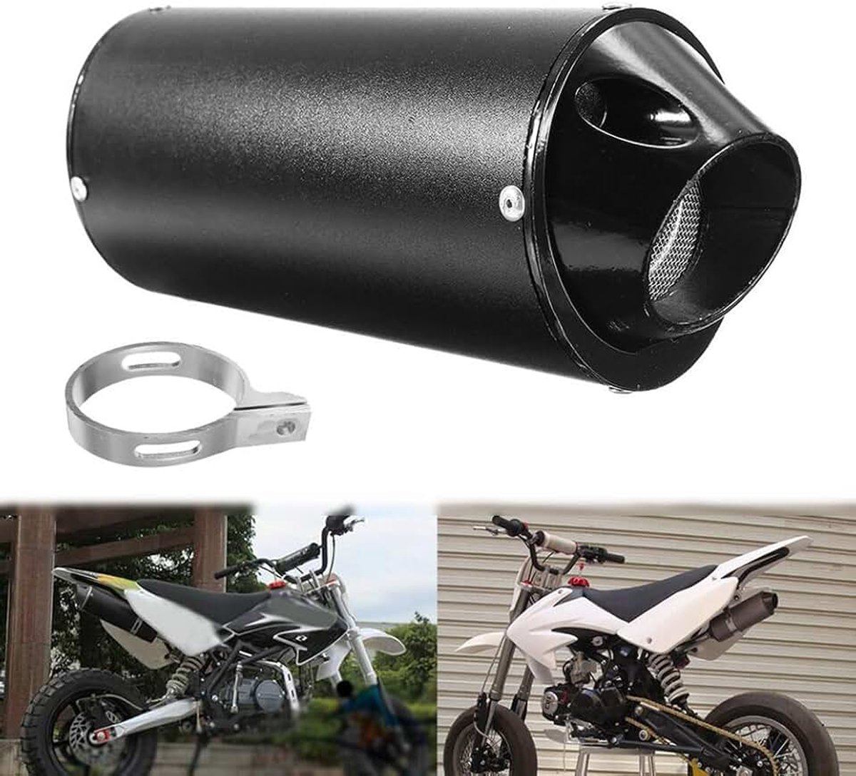 Uitlaatdemper voor motorfiets, 28 mm, universeel, roestvrij staal, achteraan, uitlaatpijp met klemafdichting, voor 50 cc, 110 cc, 125 cc, ATV, Dirt Pit, Quad Bike, motorcross, zwart