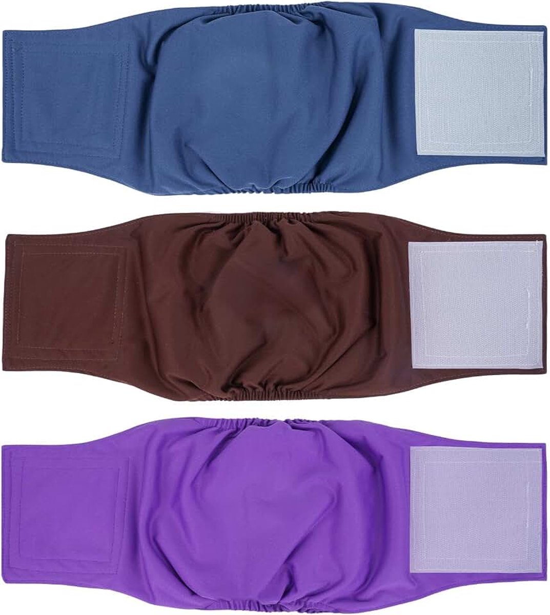 Wasbare buikbanden voor reuen, herbruikbare hondenluiers, absorberende doggy wraps met verstelbare sluiting, bruin, blauw, paars, 3 stuks, XS