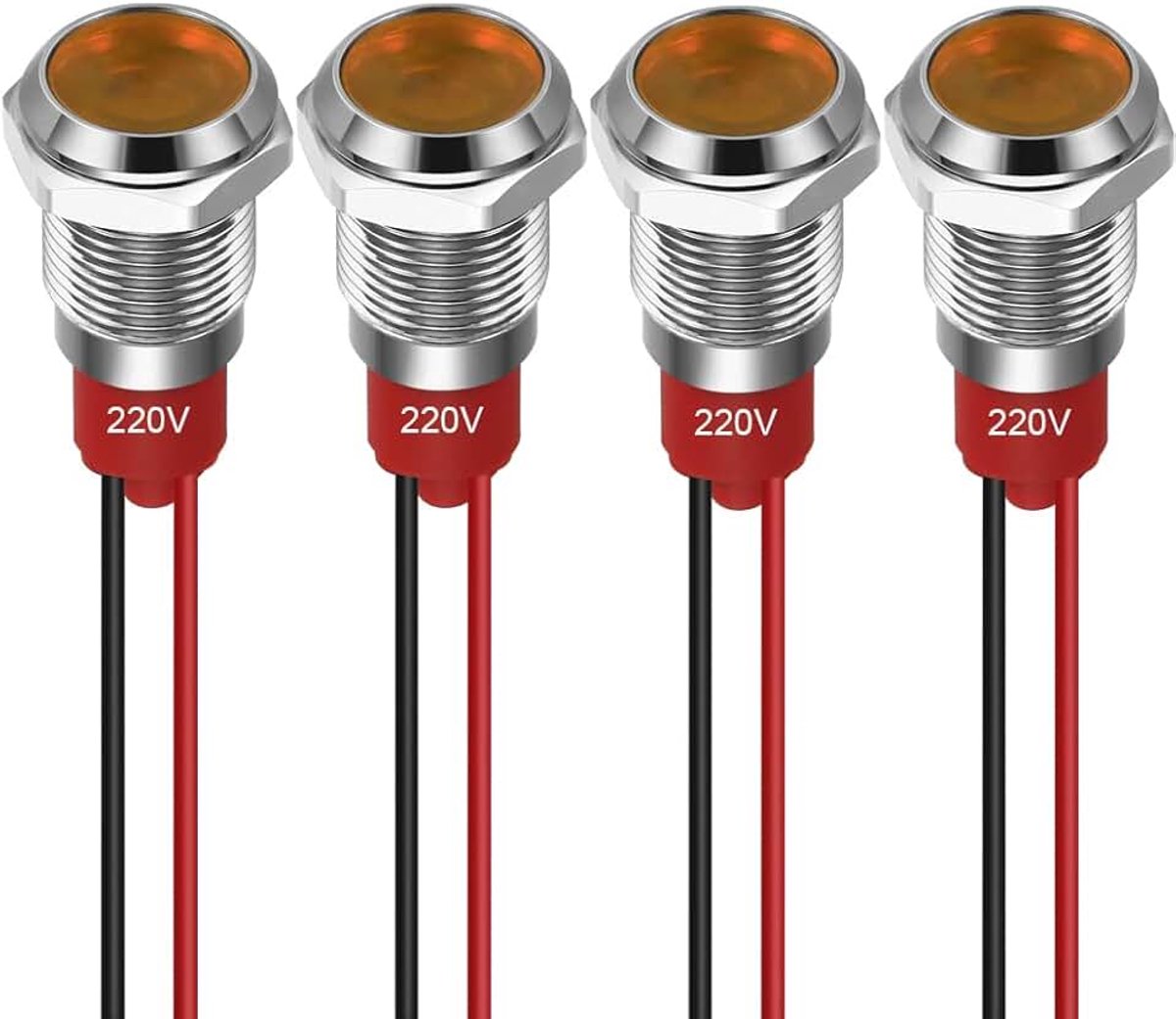 4 stuks 10 mm LED-indicatielampje 220-230V Waterdicht Signaallicht Metalen Paneel LED-indicatielampje Paneelmontage Platte Kop met Draden Zilver Omhulsel (Geel)