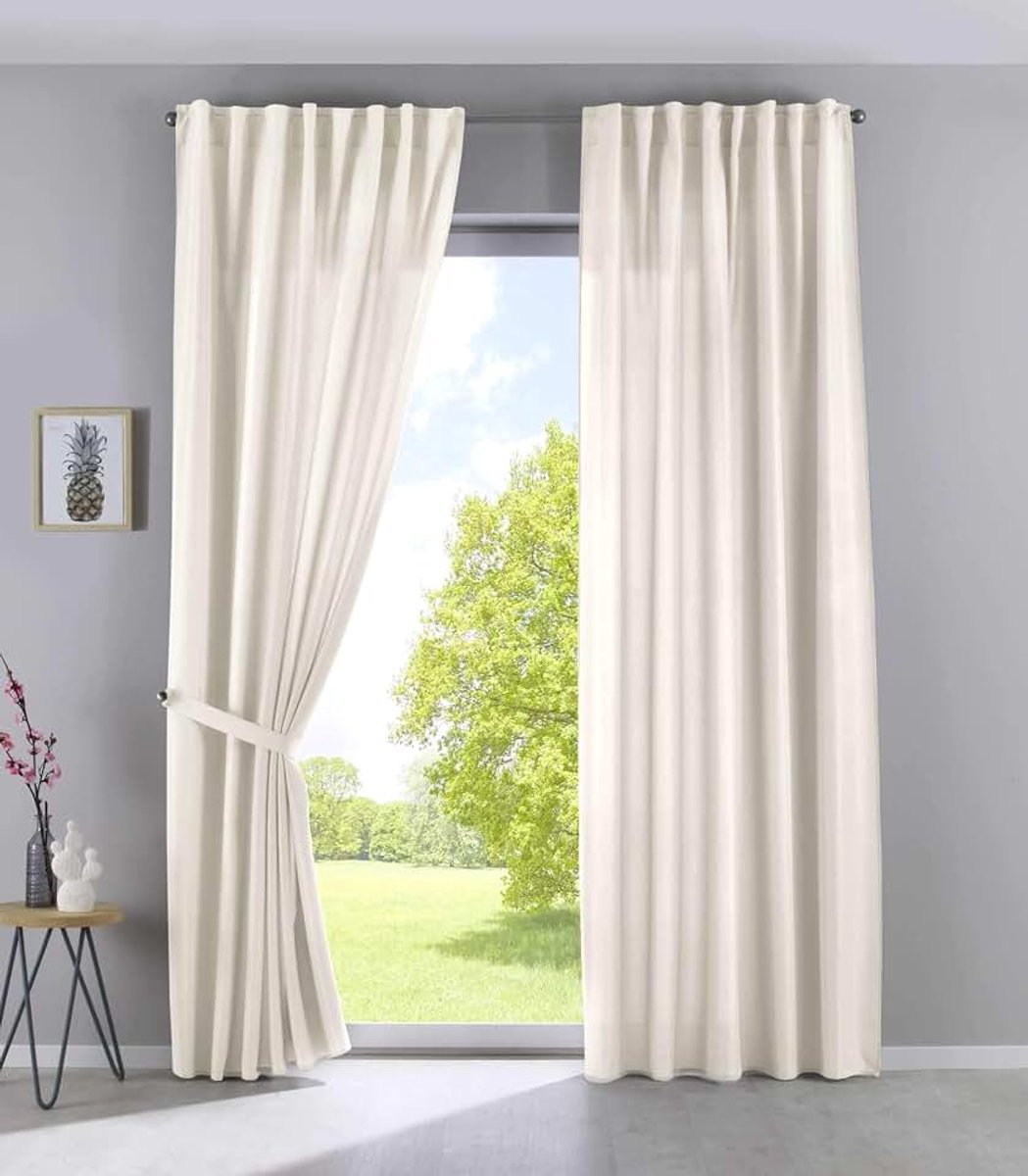 2019037-2, set van 2 gordijnen, verborgen lussen, crème, ondoorzichtig, linnenlook, gemêleerd, gordijnband met gordijnhouder, 225 x 140 cm