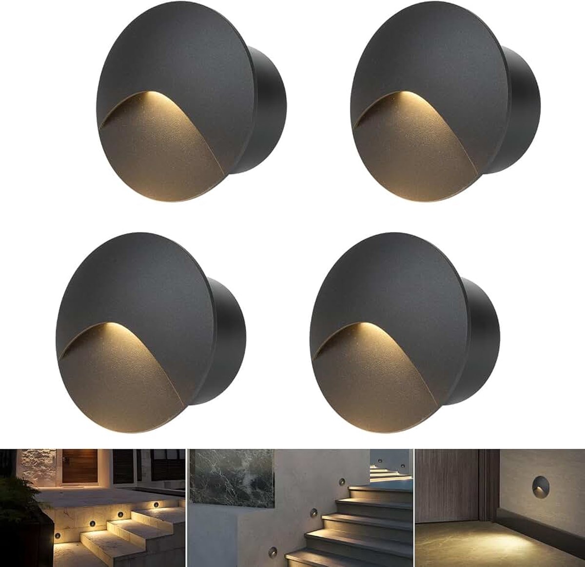 Wandlamp, 4 leds, warmwit, 3000 K, aluminium, traplicht, 230 V, rond, inbouwspot, 3 W, IP44, waterdicht, binnen en buiten, zwart, wandellicht, met inbouwdoos