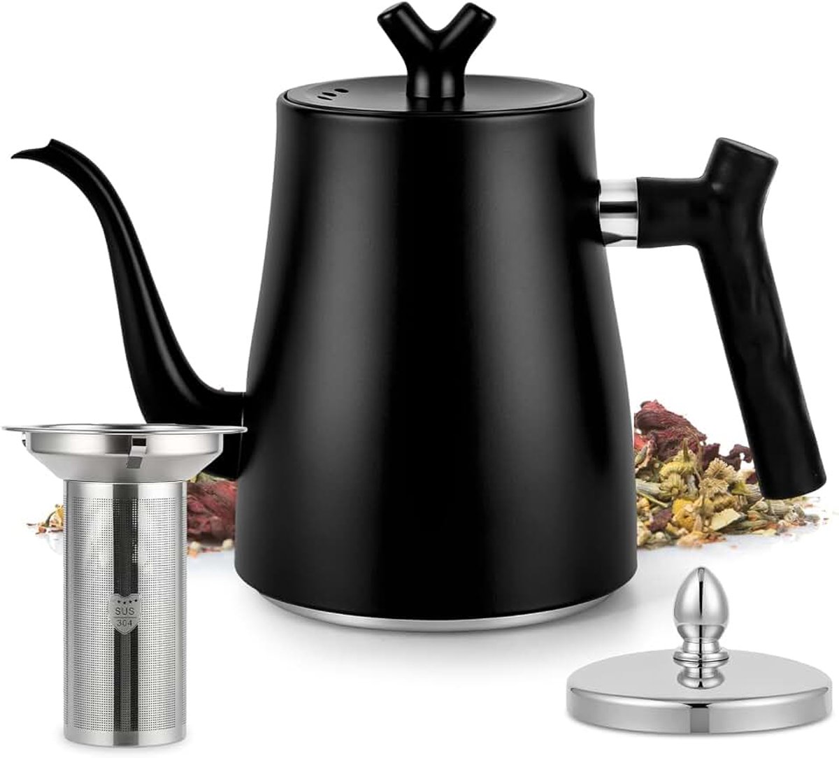 Theepot met Zeef, Theepot voor Inductiekookplaat Roestvrij Staal 1500 ml | Theepot met Theefilter Inductie, Theepot Losse Thee, Geschikt voor Alle Warmtebronnen, Zwart