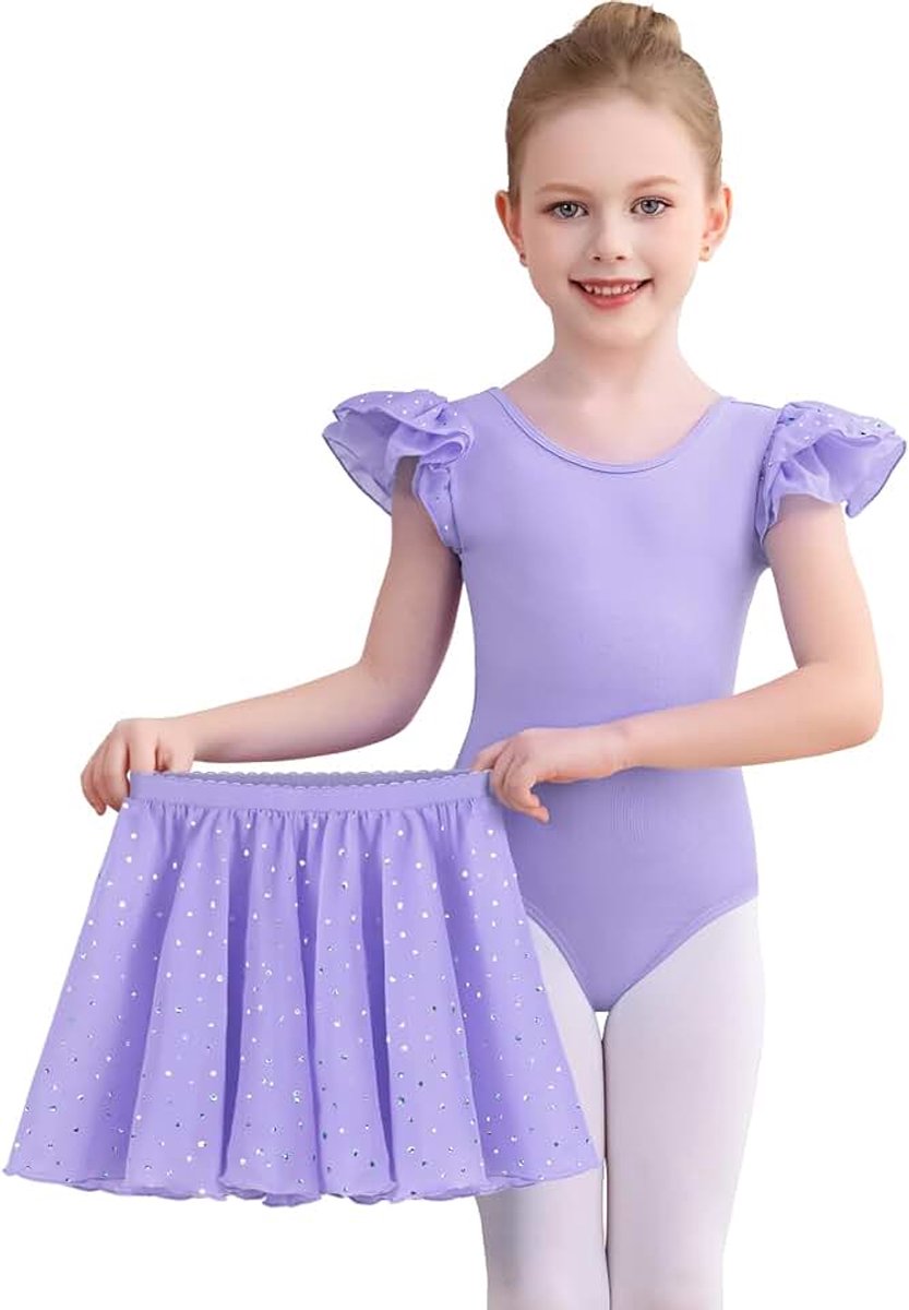 Balletoutfits voor meisjes, peuters, glanzende danspakjes, bodysuit, ruches mouwen, balletpakje met afneembare rok