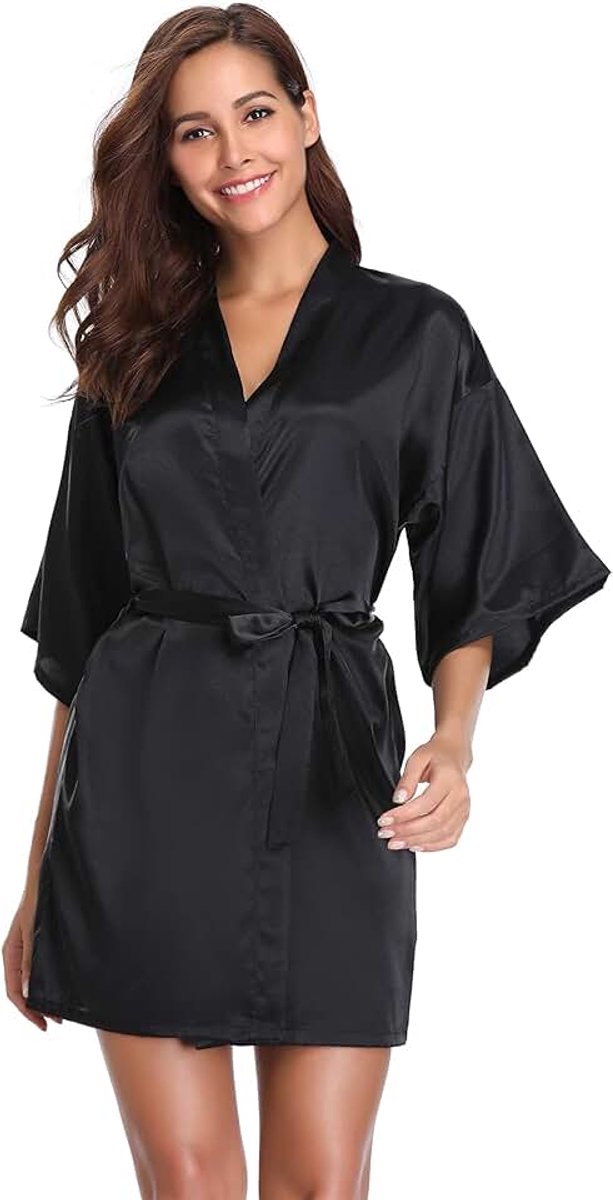 Dames Ochtendjas Kimono Satijn Robe Korte Nachtkleding V-hals Badjas met Riem