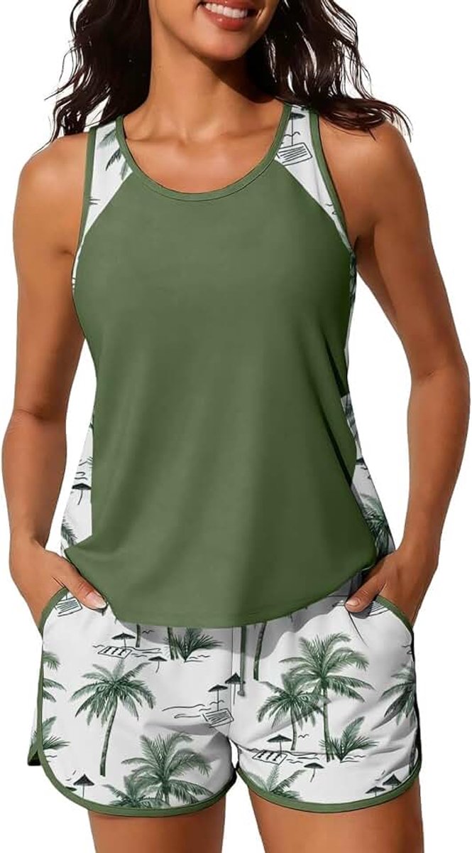 Tankini-set met hoge taille, tweedelig badpak, push-up, sexy, tankini, buikcontrole, dames, 2-delig, met shorts, grote maat, tweedelige sportbikiniset