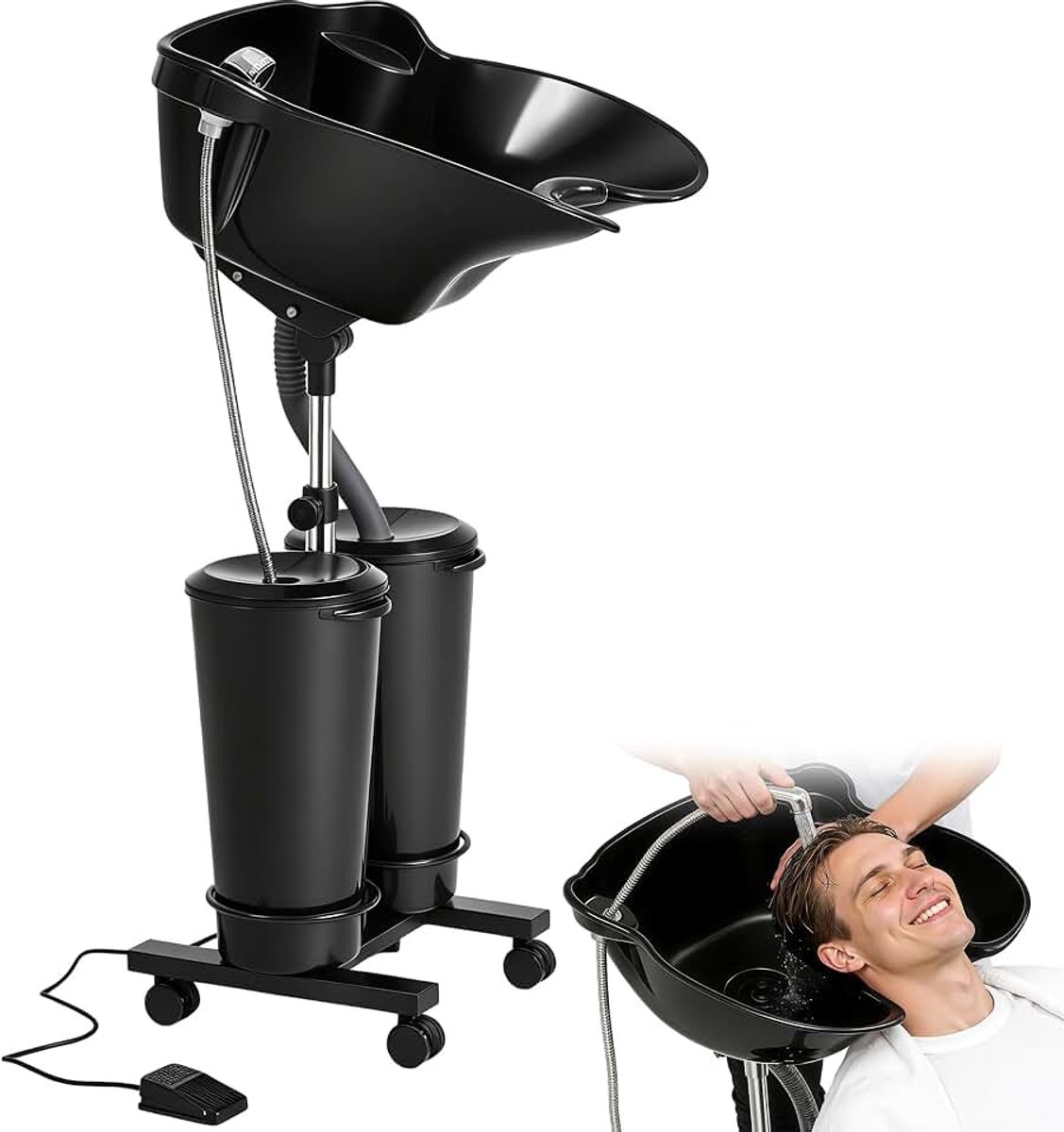 Wastafel met elektrische pomp, 2 emmers, afvoerslang | haarwastafel met 4 wielen, in hoogte en hoek verstelbare hoofdwastafel voor thuis, salon, kapsalon, barbershop
