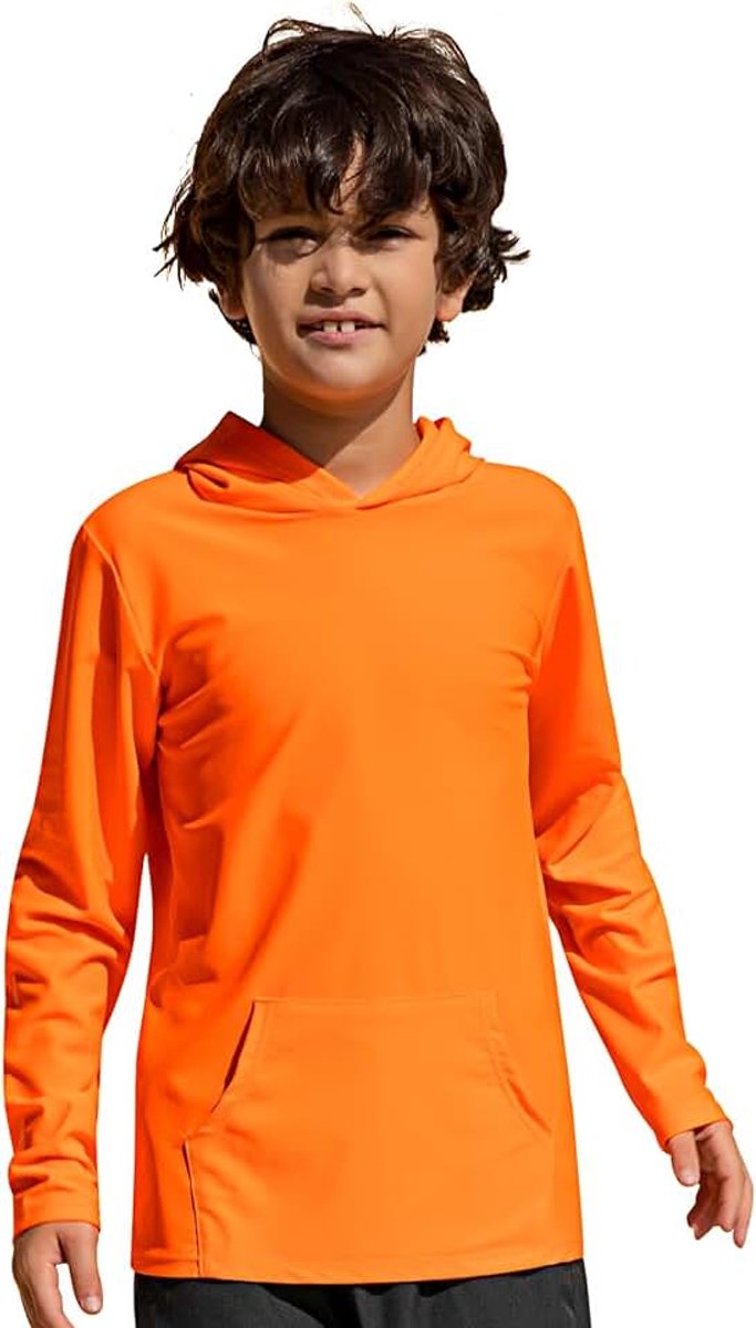 UV-shirt voor kinderen, lange mouwen, jongens, zwemshirt met capuchon, sneldrogend, UPF 50+ zonwering, rash guard, T-shirt met zak, leeftijd 4-14