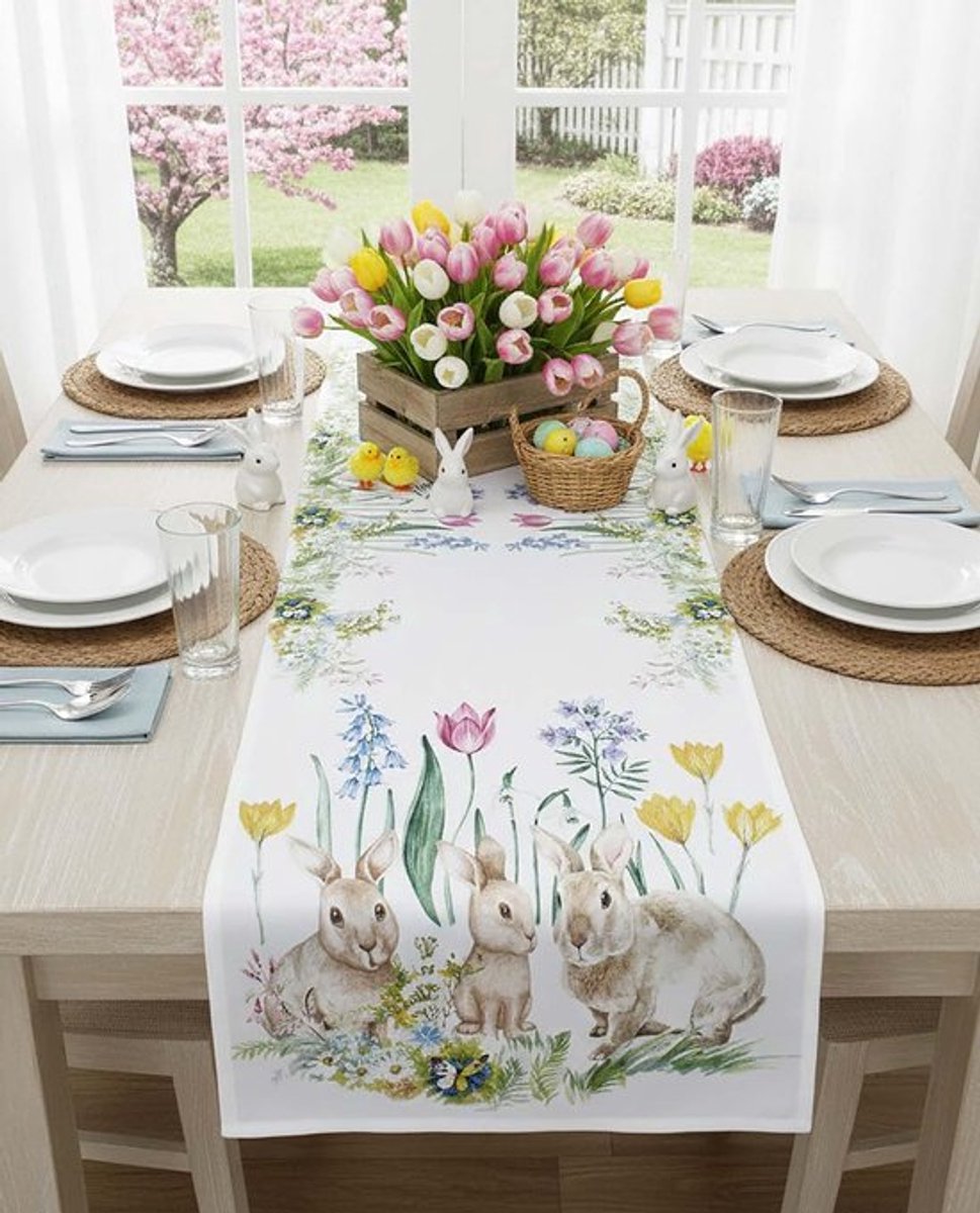 Tafelloper Lente - Bloemen/Hazen - Decoratie - Wasbaar - 100% Polyester - 40 x 140 cm - Tafelkleed
