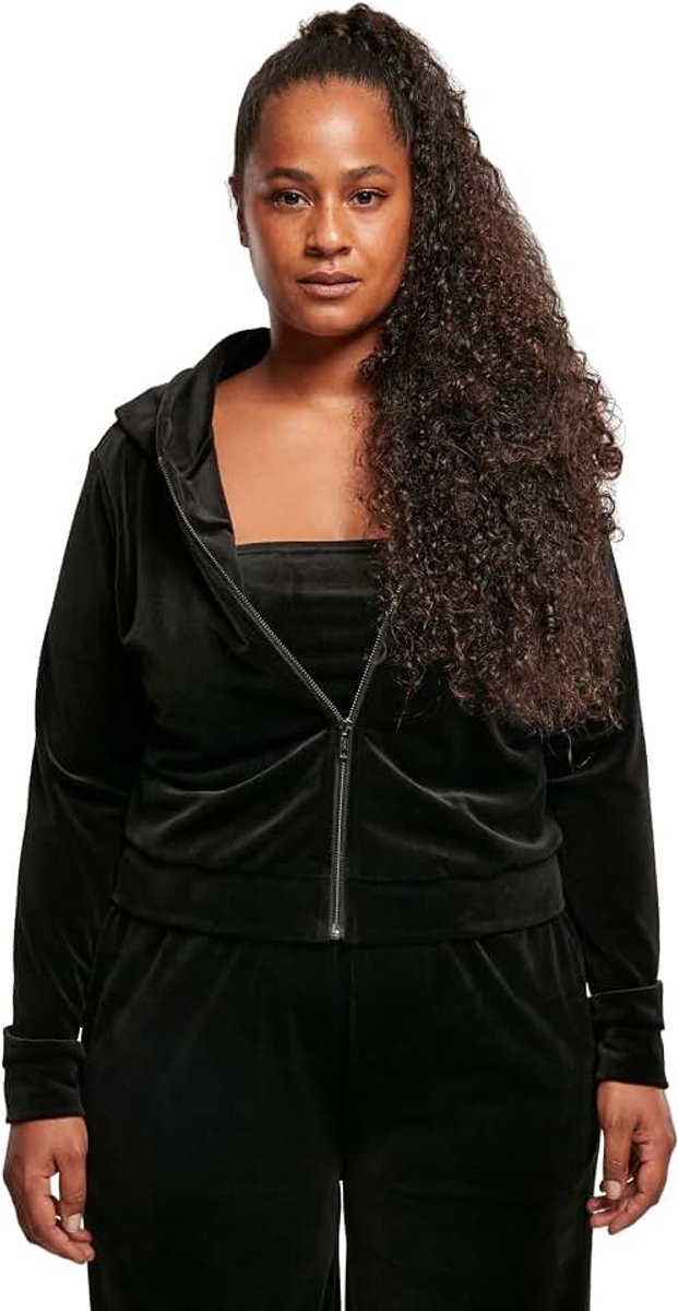 Classics Ladies Short Velvet Zip Hoody Vest met capuchon zwart Basics, Street wear