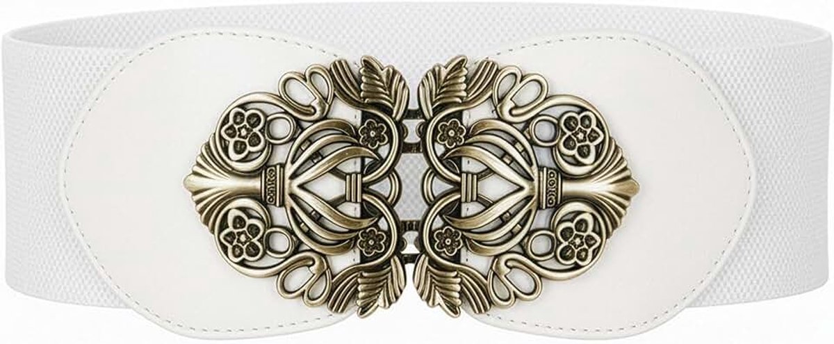 Tailleriem Dames Kunstleer Vintage | 7,5 cm Breed, Antieke Gesp, Bloemranken, Naadloze Sluiting, Rondom Elastisch, Maten S-XXL, Vormt Je Middel