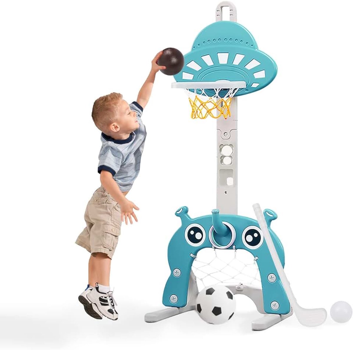 Basketbalkorf voor kinderen, 4-in-1, in hoogte verstelbare basketbalstandaard en voetbaldoel, golfspel, ringworp, kinderen, baby's, peuters