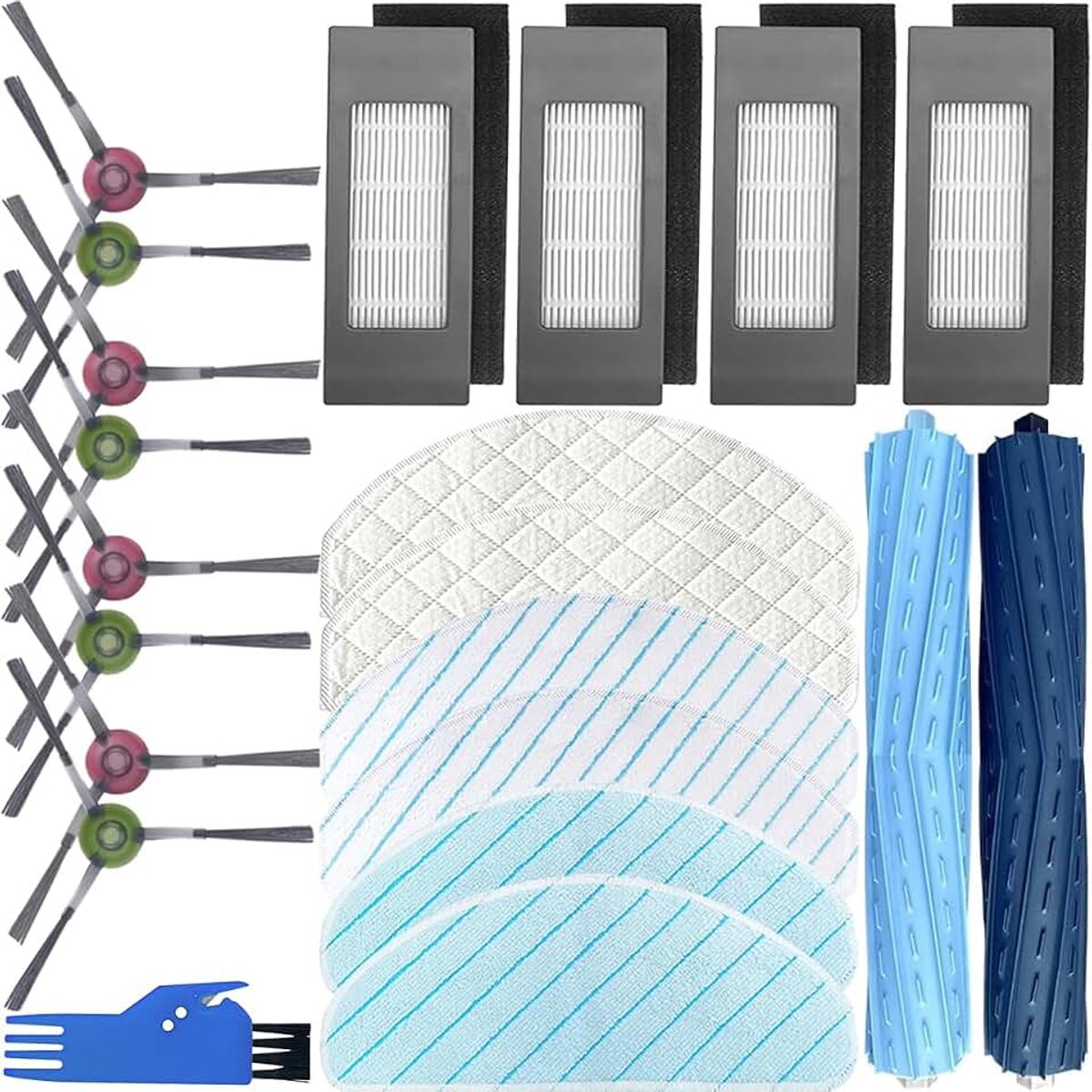 Parts for Ecovacs Deebot Ozmo T9 AIVI + Deebot T9 AIVI Robot Vacuum Cleaner, Accessories Kit 2 Main Brush, 8 Side Brush, 4 HEPA Filter, 6 Mop Cloth Pads, 1 Cleaning Brush (19 Pcs)