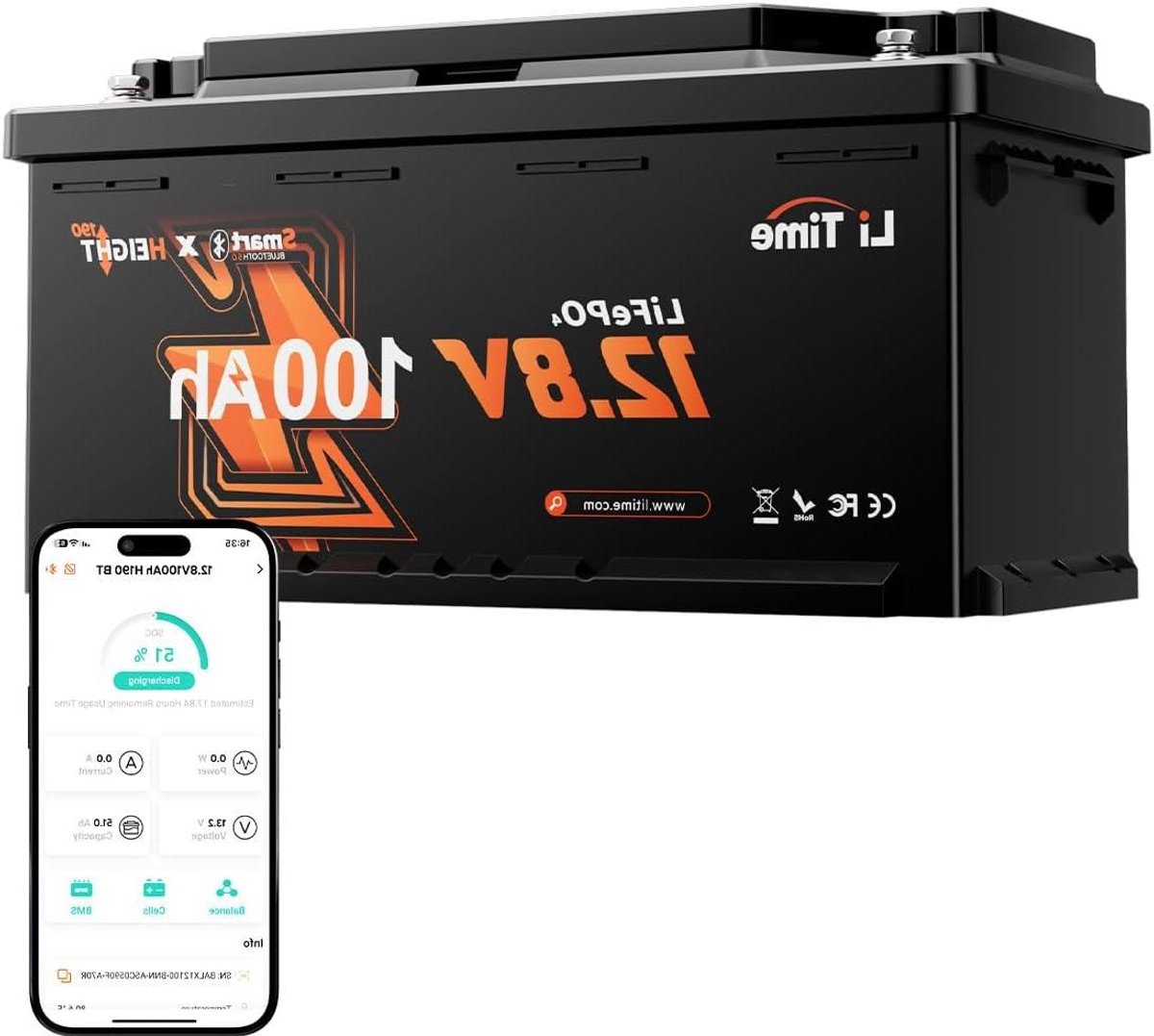 Lithium Accu - LiFePO4 Batterij - Camper Stroomvoorziening - Bluetooth Monitoring - 100 Ah - Zwart