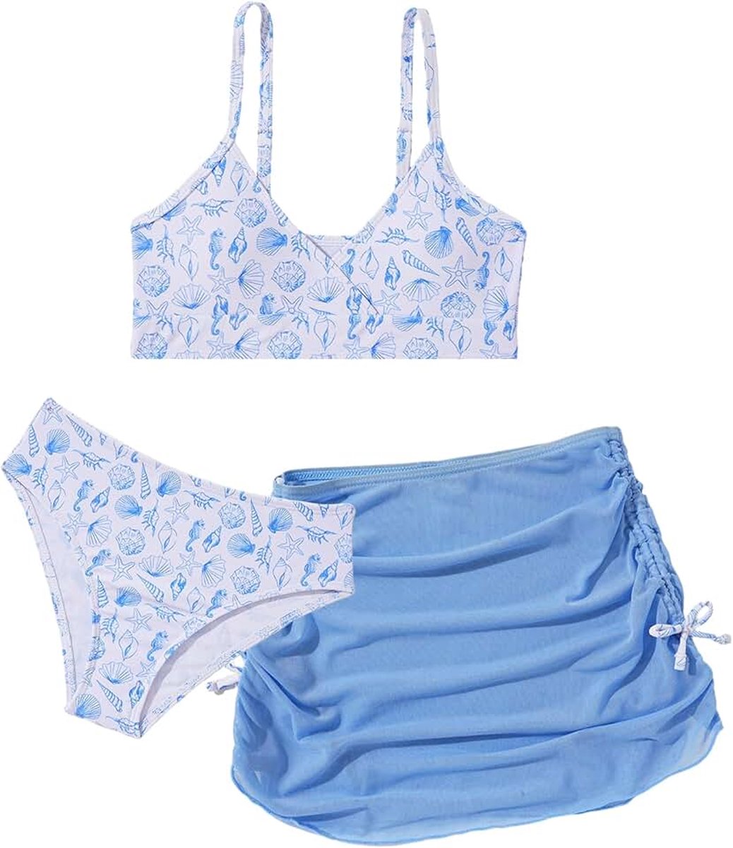 Meisjesbikiniset met rok, 3-delige badkleding, gevoerd, tieners, badmode, modieus bedrukt badpak, kinderen, 120-170 cm
